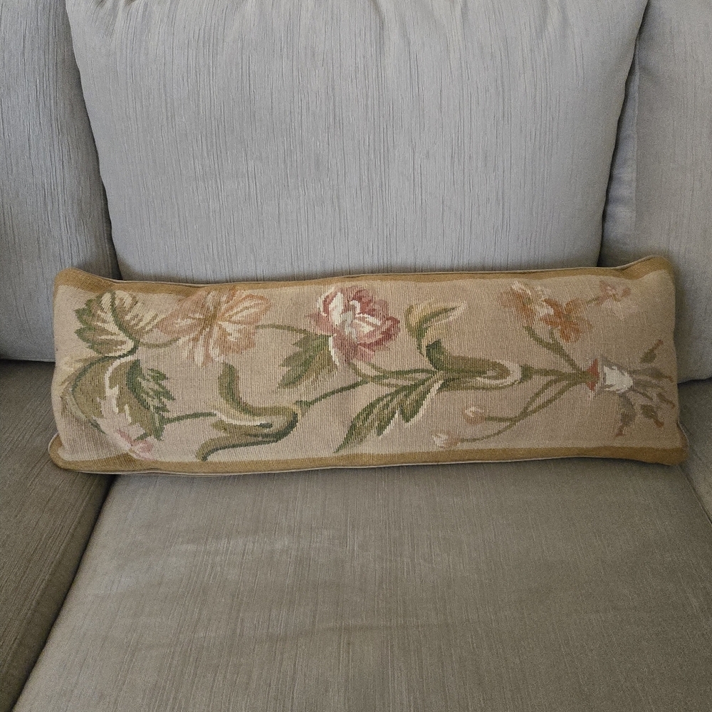 Vintage Aubusson Floral Embroidered Wool Lumbar Cushion Throw Pillow  26x8